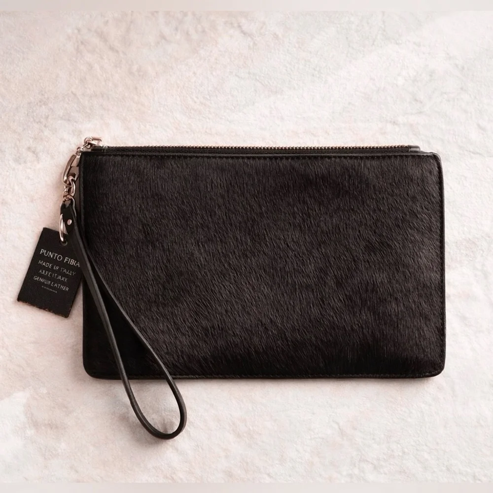 Punto Fibra Genuine Italian Leather Calf Hair Wristlet | Brown Minimalist Clutch